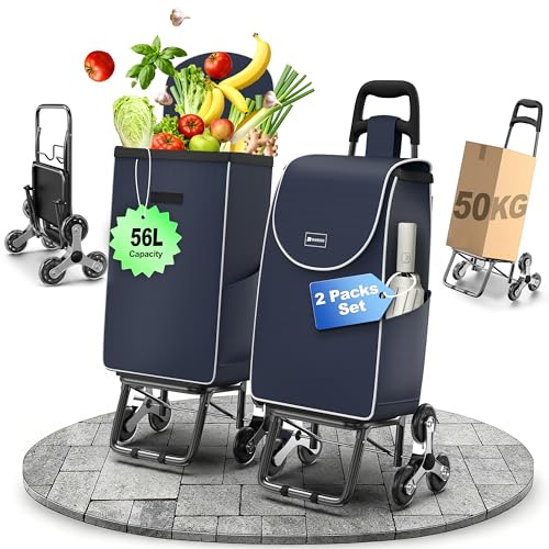 Shopping Trolley for Groceries,Lightweight Foldable Grocery Cart with 56L Capacity,Detachable Oxford bag,Load 50kg,Stair Climber Shopping Cart with 6 Wheels. (Blue, 2 Pack)