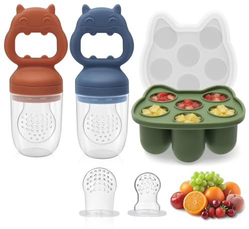 Comederos de frutas para bebés, paquete de 2 chupetes de frutas de silicona, bandeja de cubitos de hielo para leche materna, para enfriar a tu bebé, material de silicona sin BPA, adecuado para frutas