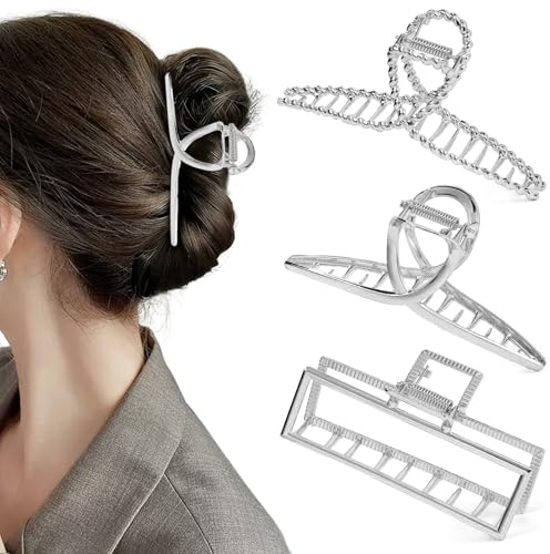 Große Metall Haarklammern für Damen, 3 Stück Rutschfeste Haarspangen, Klauenklemme, Haarnadel, Hair Claw Clips, Haar Accessoires, Haarschmuck für Frauen Mädchen Dickes Dünnes Haar (Silber)