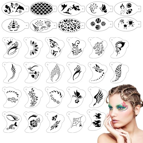 SRIZIAN 32 Stück Tattoo Schablonen, Wiederverwendbare Gesichtsfarben Schablone, Augen Tattoo Schablonen Körper Farbe für Kinder Party Feiertag Halloween Make up