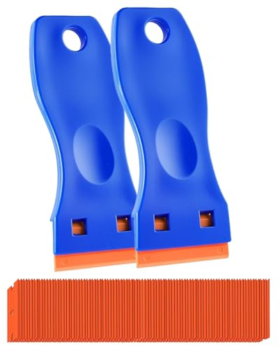 2 Pcs Plastic Scraper Set with 100 Blades for Adhesive Removal | Compact scraper set for adhesive removal, ideal for DIY and car care, lightweight with non-scratch plastic blades.