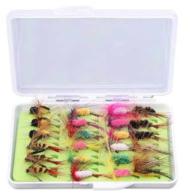 24Pcs Fly Fishing Flies Kit, Handmade Realistic Dry Wet Nymph Streamer Set, Barbless Hooks with Portable Fly Box for Trout Bass Panfish