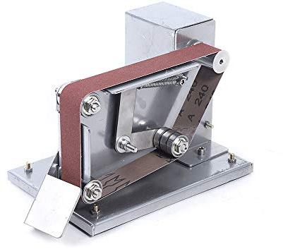 Mini lijadora de banda, lijadora de banda, 200 W, motor 795, velocidad ajustable en 7 posiciones, 4500-9000 rpm, fuente de alimentación de 96 W, marcha adelante/atrás, 10 bandas de lijado, enchufe de