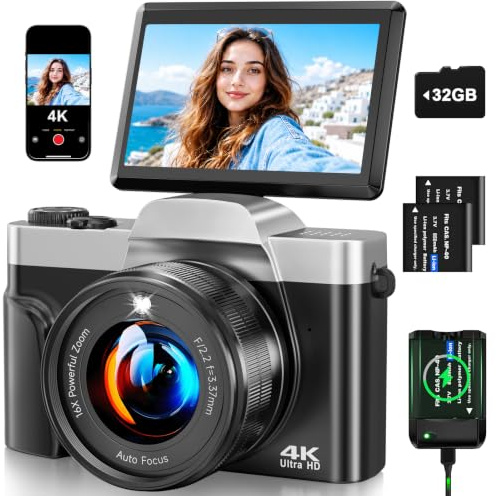Cámara Digital 4K 64MP con WiFi, Cámara Vlogging con Autofocus y Webcam, Pantalla 3″ Abatible 180°, Zoom Digital 16X, Estabilización, Tarjeta SD 32GB, Base de Carga y 2 Baterías para Principiantes