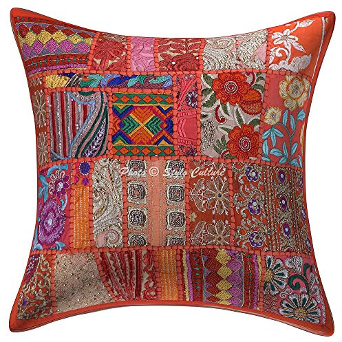 Stylo Culture Boho Fundas De Almohadones Decorativa 45x45 cm Algodón Abstracto Forros para Cojines Cama Naranja 18x18 Inch Patchwork Vintage Cuadrado sobre Fundas para Los Cojines del Sofa - 1 Pc