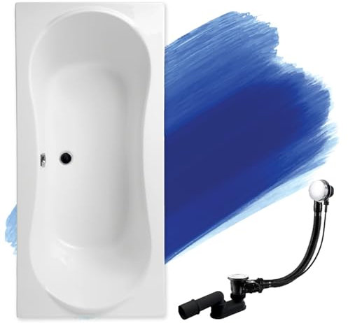 BADLAND Badewanne Original Weiß Acryl Wanne Rechteck LONG 180x80 KOMPLETTSET SET + Füßen und Exklusive Chrom Automatik Ablaufgarnitur Made in EU 3in1