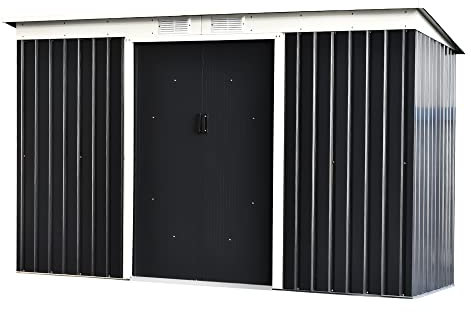 Outsunny Casetta da Giardino Porta Utensili in Lamiera di Acciaio con Fondazione, Capanno da Giardino in Acciaio con Porte Scorrevoli, 280x130x172cm, Grigio-Nero
