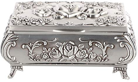 Schmuckkastchen Metall Antik Jewelry Box Floral Gravur Schmuckschatulle 3D Rose Geschnitzte Schmuckdose Ringe Ketten Organizer f¨¹r Frauen, Silber(9x6,5x4 cm)