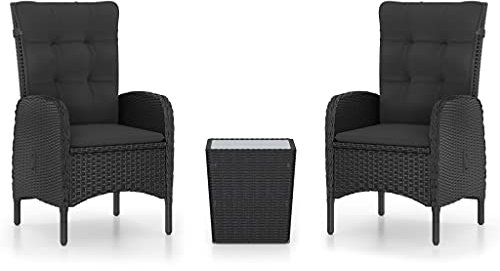 vidaXL Bistroset 3-TLG. Gartenset Balkonset Gartenmöbel Sitzgruppe Sitzgarnitur Gartengarnitur Couchtisch Gartensessel Poly Rattan Glas Schwarz