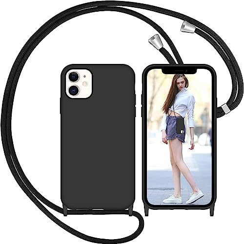 Nupcknn für iPhone 11 Hülle mit Band, Liquid Silicone Handykette Handyhülle (Abnehmbar Einstellbar) Necklace mit Kordel zum Umhängen Handy Kette Kratzfestes Stossfest Schutzhülle(Schwarz)