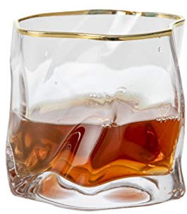 HNGM Tumblers Art Design Crumple Irregular Frosted Brandy Snifter Whiskey Rock Glass Old Fashioned Cup Liqueur Whisky Tumbler Beer Glasses (Capacity : 245ml 10oz, Color : 1 x Gold Edge)