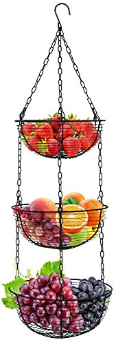 Wylnsie Eisenkörbe Obst Hängekorb, Obstkorb hängend 3-stöckiger mit Haken, Hänge-Regal, Abnehmbarer Obstkorb für Küche Gemüsebrot Organizer