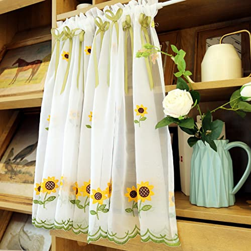 A.Monamour Cortina Cocina Ventana Puerta Corta Pequeña Cortina De Gasa Voile Transparente Translúcida Visillo Blanca con Bordado De Girasoles Y Lazos Bolsillo para Varilla Panel Cenefa Rustica Bistro