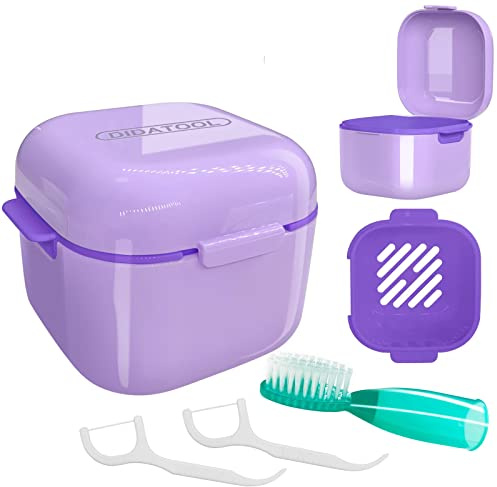 DIDATOOL Prothese Box, Prothesendose, Zahnprothesen Box mit Filter, Prothesen mit Fingerzahnbürste für die Aufbewahrung und zum Eintauchen Zahnersatz Reinigungsbäder (Violett)
