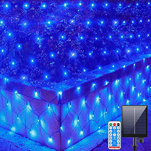 Solar Lichternetz Außen,KINGCOO Wasserfest 3x2M 200LED Lichterkette Solar Mesh Netz Lichtervorhang Deko Leuchte mit Fernbedienung 8 Modi für Innen Weihnachten Garten Party Hochzeit Schlafzimmer (Blau)