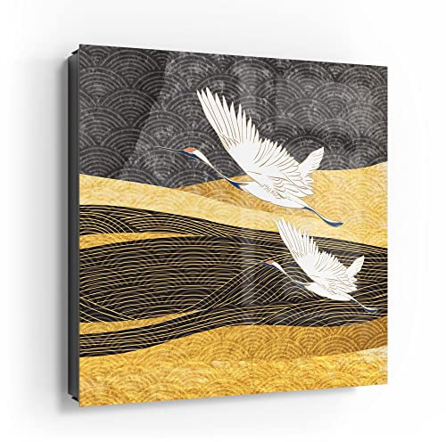 DEQORI Schlüsselkasten schwarz | 30x30 cm | Motiv Fliegende Kraniche | Glas & Metall Schlüssel-Box | Schlüsselschrank mit 50 Haken + 2 Magnete | Moderne Box magnetisch & beschreibbar