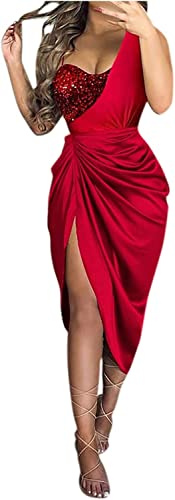 Vagbalena Abito Da Cocktail Donna Formale Elegante Matita Midi Una Spalla Paillettes Slim Sexy Fessura Sera Cena (Rosso,M)
