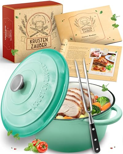 KRUSTENZAUBER Casserole en fonte [fourchette à viande] – Faitout de qualité supérieure de 24 cm – Passe au four – Cocotte idéale avec couvercle passe au four, casserole à induction, casserole en