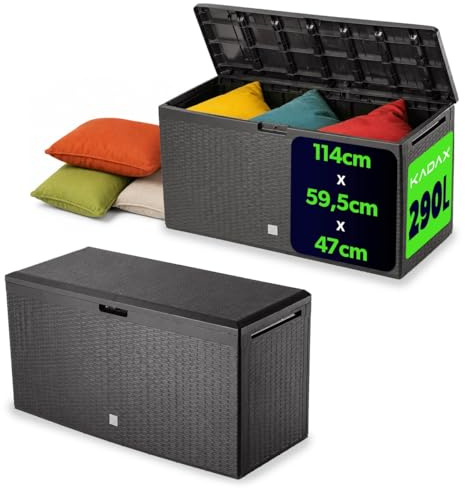 KADAX Gartenkiste, 114x47x59,4cm Aufbewahrungsbox aus Kunststoff, 290L Gartentruhe mit Griffen und Verschluss, Gartenbox für Aufbewahrung von Kissen (290L, Dunkelbraun)