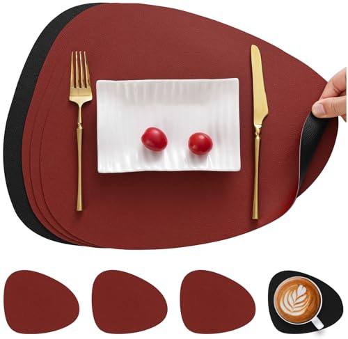 Myir JUN Tischsets abwaschbar doppelseitige Platzdeckchen abwaschbar | 4er Set Platzsets abwaschbar wasserdichte rutschfeste Oval Tischsets aus Kunstleder Untersetzer Teller in Lederoptik