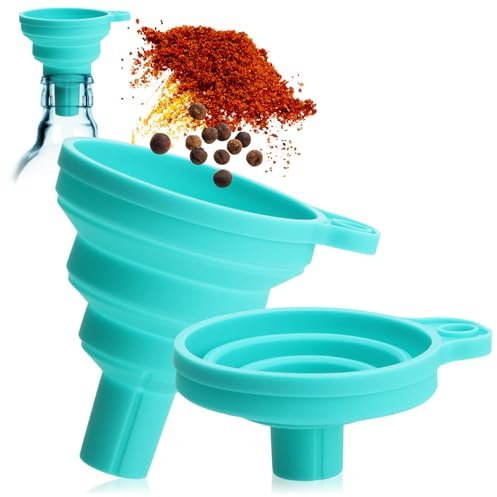 COM-FOUR® Embudo plegable 2x - ayuda para verter y transferir - embudo de silicona plegable - cuello de llenado para cocina y hogar - desviador de silicona suave (2 piezas - plegable/azul)