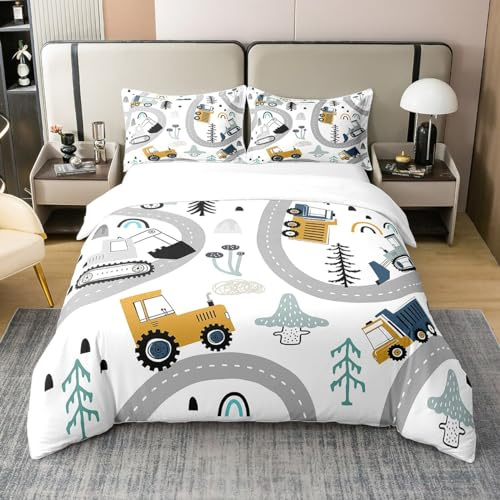 Erosebridal 100% Organic Cotton Construction Full Size Bedding Duvet Cover,Toddler Boys Vehicle Bedding Set,Kawaii Comfy Cozy Room Decor,Cartoon Excavator,Yellow Blue