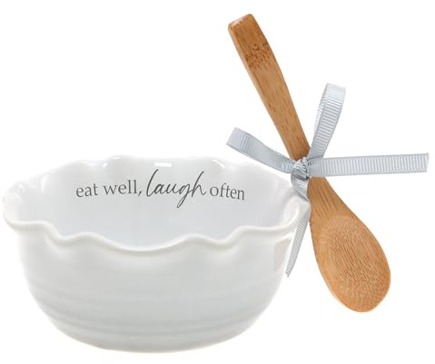 Pavilion Gift Company - Eat Well, Laugh Often - 4.5 Ceramic Bowl With Bamboo Serving Spoon Neutral Ombre Kitchen Serveware Housewarming Gift Hostest Host Present