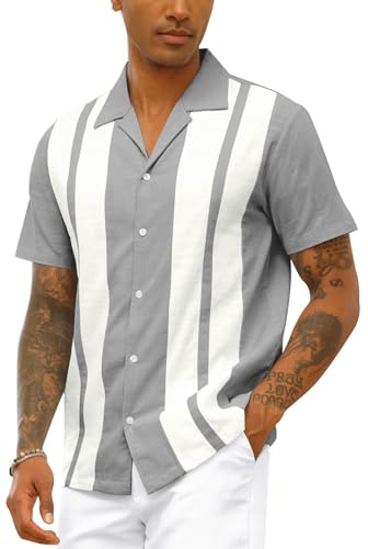 Camisa de bolos vintage para hombre, de algodón y lino, de manga corta, con botones, para verano