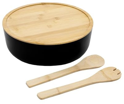 Spetebo Ensaladera XXL con Cubiertos de bambú, Cuenco Grande de plástico Negro de 30 cm con Tapa de Madera, Cuenco para Servir, Cuenco con Cubiertos para Frutas, ensaladas, postres, Apto para Aliment