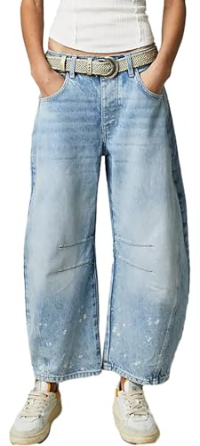 Qianderer Jeans larghi da donna Y2k a gamba larga a vita media jeans boyfriend crop barile jeans con tasche, Azzurro, XL