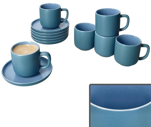 Ritzenhoff & Breker 6er Set Jasper Espressotassen mit Untertassen Ozeanblau I für 6 Personen I Steingut-Set für Frühstück & Kaffee I Je 6X kleine Tassen 70ml, Höhe 6cm & Untertassen