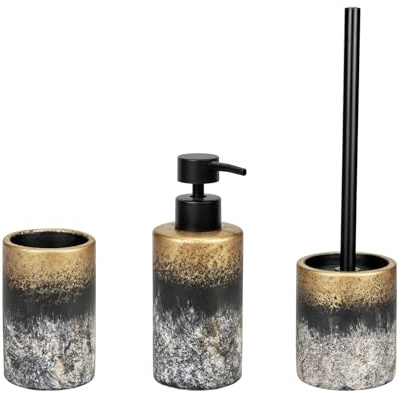WENKO Bad-Accessoire Set Mod. Lacona, 3-teilig, Bad Rundum-Set aus 100 ml Seifenspender, Zahnputzbecher und WC-Garnitur, Beton/Edelstahl, Mehrfarbig