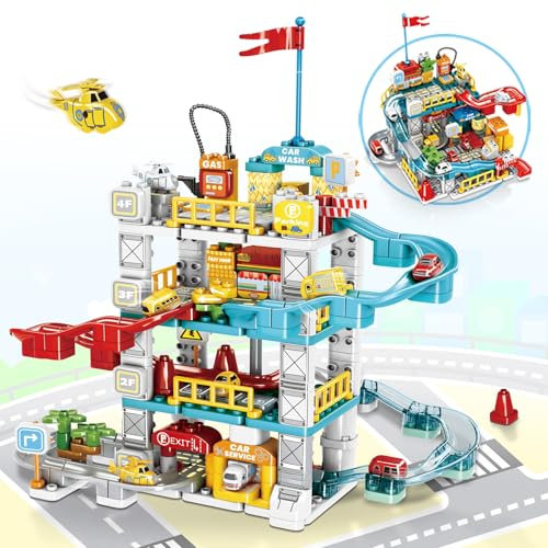Mostop 2 in 1 Kids Toy Car Garage Track Set, Toy Garage with Track Play, Garage City Playset for 3 4 5 6 7 8 Years Old Boys Girls Kids