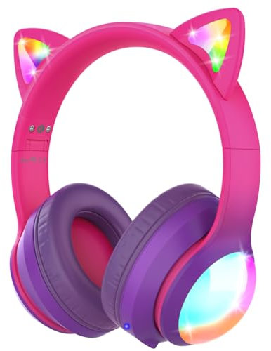 FosPower Kids Bluetooth 5.2 Headphones with LED Cat Ears (85/94dB Safe Volume Limit) Foldable Wireless or Wired Headset with 100hr Play Time and 3.5mm Cable for School/Travel - Hot Pink/Purple
