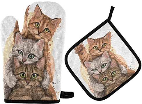 Vikeiac Ofenhandschuhe und Topflappen, Motiv: Katzen, 3 niedliche Kätzchen, 2-teiliges Set, geeignet für Küche, Kochen, hitzebeständige Backen, Grillmaschinen-Handschuhe