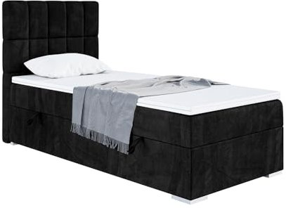 MEBLINI Boxspringbett mit Bettkasten - Gepolstert Einzelbett mit Matratze und Topper - Polsterbett mit Stauraum - Bett mit Kopfteil - Stauraumbett - Lukas - 90x200 Links - H4/Schwarz Samt