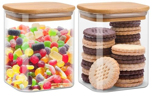 Focenat Lot de 2 Bocaux en Verre Avec Couvercle en Bambou, 800ml, Conservation Hermétique pour Épices, Rangement Cuisine, Grains de Café, Riz, Noix