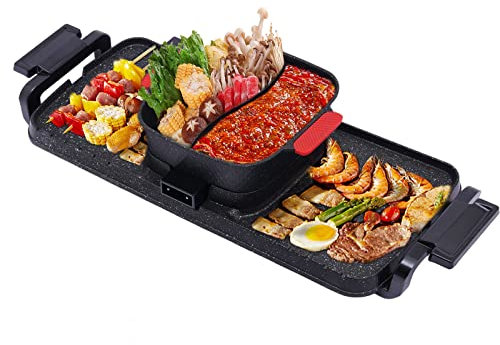 Elektrischer Hot Pot Grill 2 in 1, 2200W+1100W Koreanisch BBQ Hotpot Topf, Doppelte Kontrolle Shabu Shabu, Multifunktion Teppanyaki Grilltopf für Familie, Abendessen, Freunde und Party