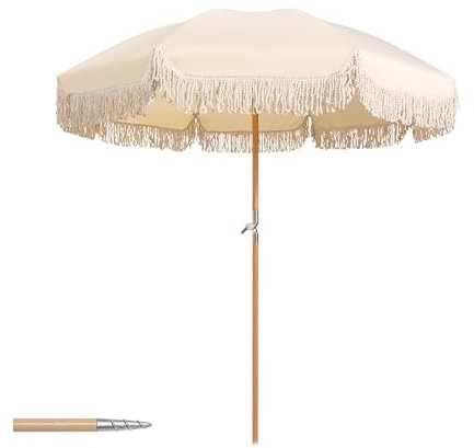 Parasol de terrasse à franges de 1,8 m avec réglage à 180°, protection solaire UPF 50+, support de parasol de plage réglable, pliable et portable pour extérieur, terrasse, jardin, plage et terrasse