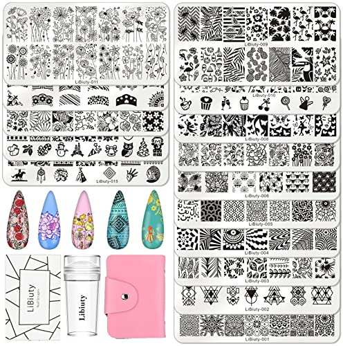 BUDOCI Nail Stamping Set, 15 Stück Stempelplatte + Stempel + Schaber + Lagerbeutel für Nagelstempel French Maniküre