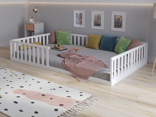 Love For Sleep Bodenbett Kinderbett Weiß 140x200cm Kinderfreundliche Konstruktion, Florence Montessori Bett aus Holz mit Lattenrost