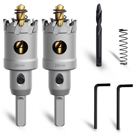 METOTY Lot de 2 scies cloches en métal, 28 mm, en carbure de tungstène, avec un foret de guidage nitré supplémentaire gratuit et une clé en L, pour acier, fer, aluminium, métal