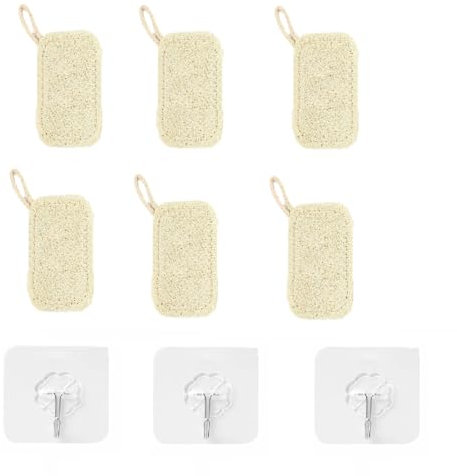 LINTRA Esponjas de Lufa, 6 Piezas Estropajo Luffa, con Cuerda Esponjas de Cocina de Lufa, con Ganchos Adhesivos Transparentes Esponja Cocina, para Lavar Platos, Utensilios de Cocina, Teteras
