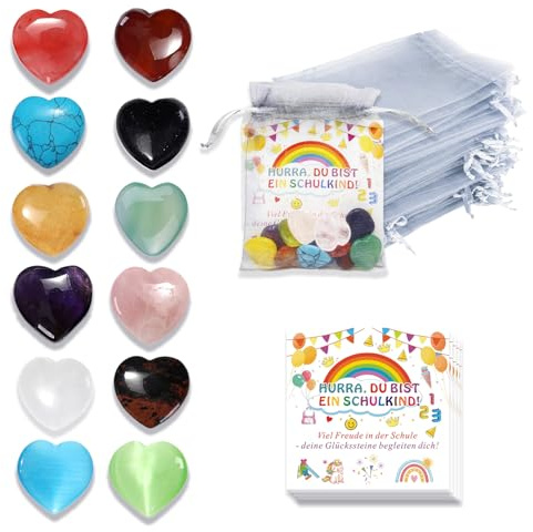 YDUNARISE 36pcs Geschenke zur Einschulung,Glückssteine für Kinder,mit 12x Mutstein zur Einschulung & Ermutigungskarte & Organzabeutel,Glücksbringer Mitgebsel für Schulkind (Mutstein zur Einschulung)