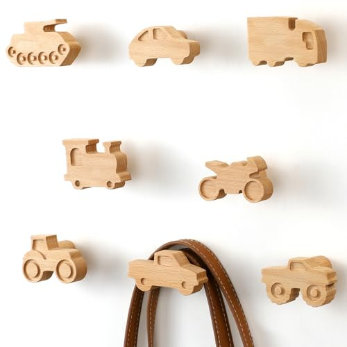 Beeveer 8 Pack Kids Coat Hooks Wall Mount Car Shaped Wooden Coat Rack for Kids Room Nursery Wood Wall Hooks for Hanging Hats, Backpacks, Towels, Keys and Clothes