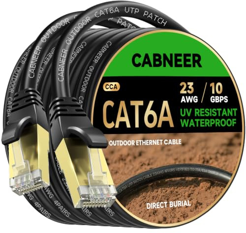 CABNEER Cable Ethernet Exterior Cat 6A 15 Metros | 23 AWG LLDPE, 10 Gbps 550MHz, Resistente UV/Intemperie, Enterrable, RJ45 Alta Velocidad para Redes Gigabit, UTP CCA