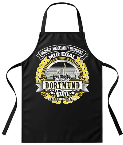 UGLYSHIRT Grillschürze Herren – „Ein Leben lang Dortmund“ – BBQ Schürze mit Spruch für Männer – Geschenk für Fußballfans, Dortmunder, Grillmeister – Schwarz, Einheitsgröße, witziges Grillzubehör