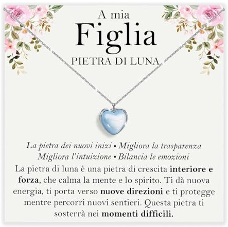 Bramart Collana Figlia Pietra di Luna Regali per lei Idea Regalo per Natale Compleanno Collane figlie Argento Oro – Cofanetto DEDICA incluso (Collana pietra luna figlia)