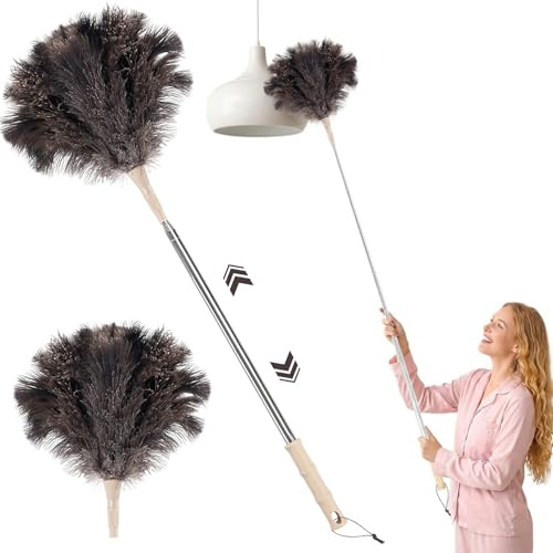 DULCE DOM Federstaubwedel aus echten Straußenfedern | 125 cm (49 Zoll) Teleskopstiel mit Holzgriff | Superweich für empfindliche Oberflächen in Haushalt, Auto & Büro