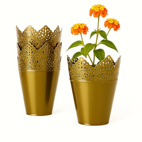 Home Garden Ornaments 4pcs Decorative Plastic Plant Pots, Lace Design, Pastel Colours, Glossy Finish Flower Pots (Gold, 16cm × 22cm)